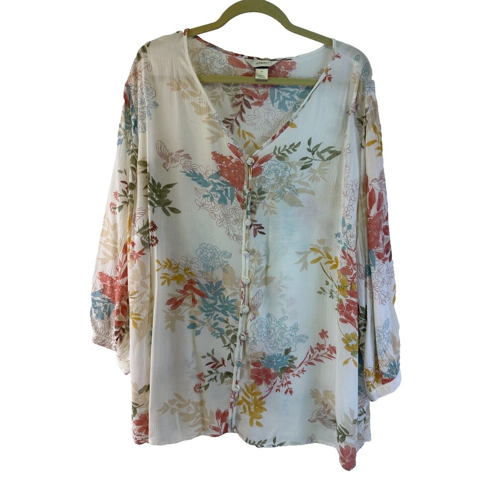 CJ Banks Rayon SemiSheer Floral Blouse Button Lightweight Coastal Summer Plus 2X